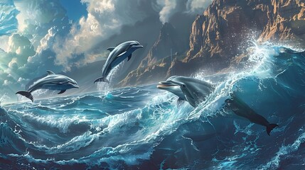 Dolphins Leaping Through Crashing Waves Amidst Rugged Coastal Cliffs Creating a Dramatic and Captivating Seascape - obrazy, fototapety, plakaty