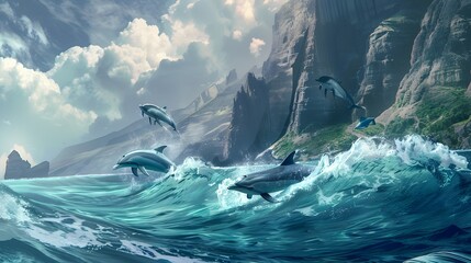 Dolphins Riding the Crashing Waves Along Rugged Coastal Cliffs with Dramatic Skies