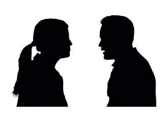 Adult man and woman facing each other black silhouette. Couple face to face talking to each other silhouettes.
