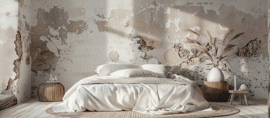 Authentic materials in a bedroom setting, genuine photograph featuring space for text on an unoccupied wall.