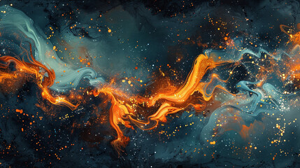 A fusion of fiery orange and cool blues, with a trail of golden sparkles.  - obrazy, fototapety, plakaty