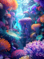 Fototapeta na wymiar Enchanting Underwater Garden of Swaying Sea Anemones and Vibrant Marine Life