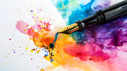 A fountain pen releasing a splash of multicolored ink. signifying the power of words and communication. The white canvas accentuates the vivid hues of the ink splash