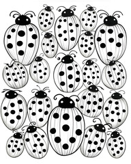 Ladybug pattern on white background. Black and white vector illustration.