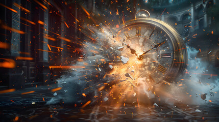 shattered pieces of analog clock, time travel countdown deadline concept
