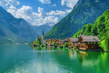 Fototapeta na wymiar beautiful mountain lake with green water and traditional wooden houses, blue sky and white clouds