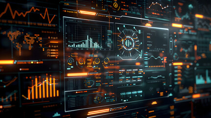 A futuristic holographic display of data and graphs. with digital interfaces glowing in the dark background