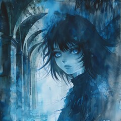 A ghostly anime girl with piercing blue eyes and a spectral aura, haunting the halls of an abandoned sanatorium - obrazy, fototapety, plakaty
