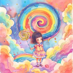 Obraz na płótnie Canvas A kawaii girl with a giant lollipop, surrounded by swirling candy clouds and rainbowcolored swirls