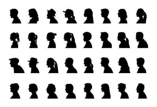 People face side view profile different ages black silhouette set collection. Human faces side view head shoulders portrait silhouettes.