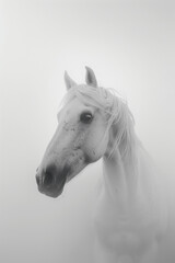 white horse emerging from white mists