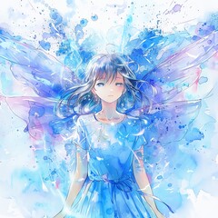 An anime girl with fairy wings, surrounded by a shimmering aura of magic