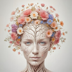 Human brain tree with flowers
