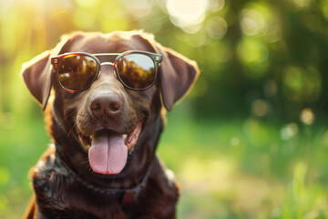 portrait of happy labrador with sunglasses in summer park, blurred background
