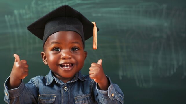 Excited toddler in graduation cap giving thumbs up