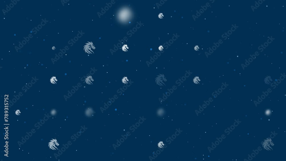 Poster template animation of evenly spaced dragon's head symbols of different sizes and opacity. animation 
