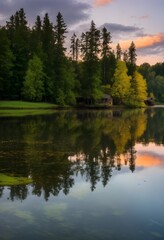 clear lake with trees and an old building in the background