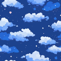 Seamless pattern with clouds and stars on a dark blue background