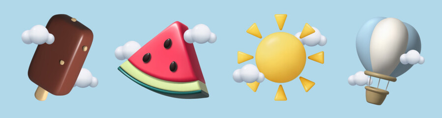 Summer icons set with clouds 3d render- hot air balloon, sun, watermelon, ice cream. Vacation, food and travel three dimensional elements vector illustration collection.