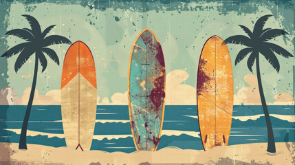 2d flat illustration vintage surfboards and palm trees on beach background with sunset 