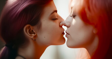 women kissing each other's lips. Scene is romantic and intimate. The women are both wearing earrings, which adds to the overall sense of closeness between them