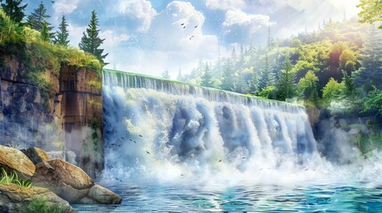 Hydroelectric dam with a majestic waterfall