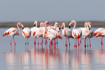Fototapeta premium A group of flamingos wades in calm waters under a clear sky, their pink and white feathers reflecting serenity