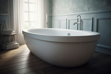 Fototapeta na wymiar Serene bathroom, modern white bathtub, wooden floor, natural light, window, sheer curtains, tranquil ambiance, ready for relaxation