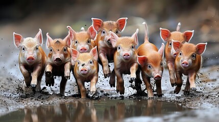Vibrant piglets gleefully playing in a muddy puddle, showcasing their lively and spirited nature