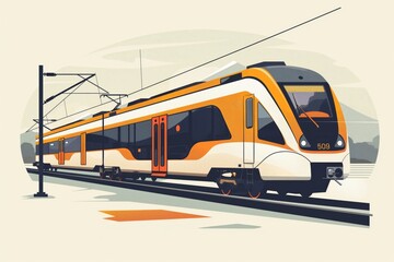 Contemporary illustration of a modern commuter train with minimalist design and sleek, stylized digital artwork, showcasing eco-friendly mass transportation in a clean, urban setting