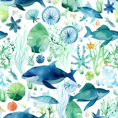 Seamless pattern with underwater animals and corals. Vector illustration.