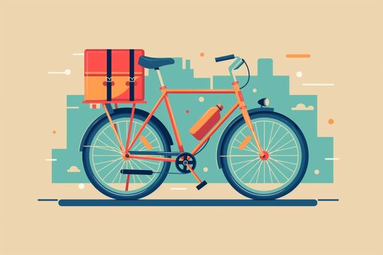 Modern and vibrant minimalist illustration of a bicycle delivery service in an urban cityscape. Featuring a two-wheeled bike with cargo box and saddlebag