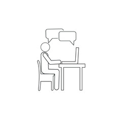 Outline illustration of a business line, freelance, online conference, teamwork. A person sitting at a desk and using a laptop. The concept of the workplace.