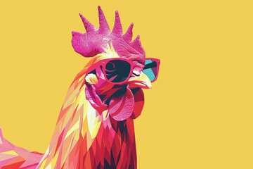 abstract minimal faceted punk chicken wearing sunglasses on solid color background vector art - obrazy, fototapety, plakaty