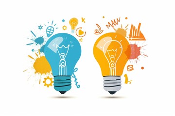 Illustration of two lightbulbs with vibrant paint splatters symbolizing innovative and bright business ideas