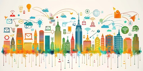 City skyline with web and technology icons