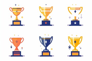 Vibrant collection of trophy icons symbolizing achievement and success in business, featuring different designs with sparkles