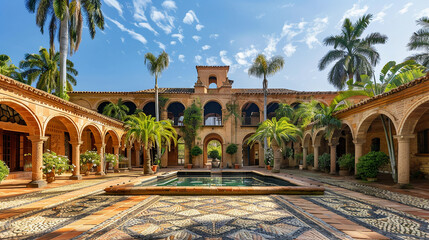 Broad hacienda with clay tiles and arches, nestled among palms and a pool adorned with mosaic tiles. - obrazy, fototapety, plakaty