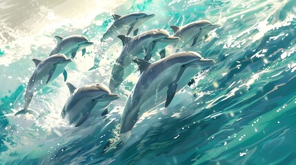Graceful Dolphin Pod Leaping and Pirouetting Through Vibrant Ocean Waters