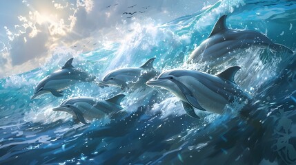 Graceful Dolphins Leaping and Pirouetting Through the Ocean s Embrace in a Joyful Display of Aquatic Elegance - obrazy, fototapety, plakaty