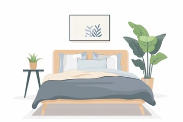 Serene illustration of a minimalist bedroom with a cozy bed, plants, and wall art