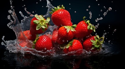 Closeup of fresh and healthy strawberries falling into clear water with big splash on black background. Group of juicy strawberries falling into water with splash. Red strawberries drop in water