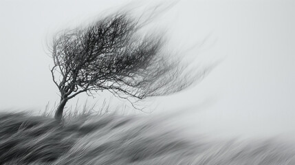Tree in the storm, black and white, air element