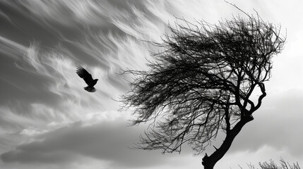 Tree and bird in the wind, black and white, air element