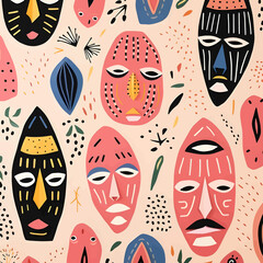 Seamless pattern with ethnic masks. Hand drawn vector illustration.