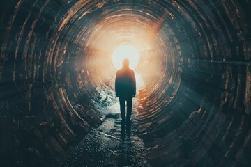 abstract silhouette of person staring into the abyss light at the end of the tunnel symbolic wallpaper background - obrazy, fototapety, plakaty