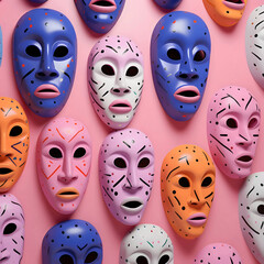 Masks with theater concept on pink background. 3d rendering.