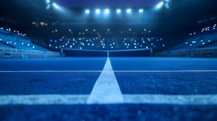 Illuminated Nighttime Tennis Stadium with Blurred Spectators and Spotlights