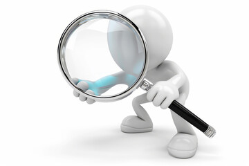 3D character with a large magnifying glass examining details on a white backdrop