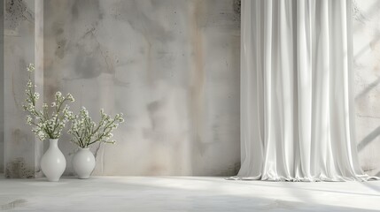 Minimalist White Vases with Flowers by Elegant Curtains